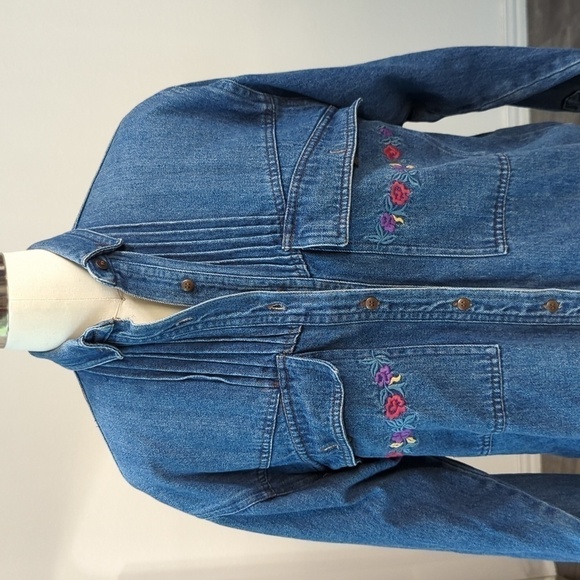 Vintage Changes Collar Pintuck Embroidered Button Down Denim Shirt Blue S retro - Picture 4 of 10